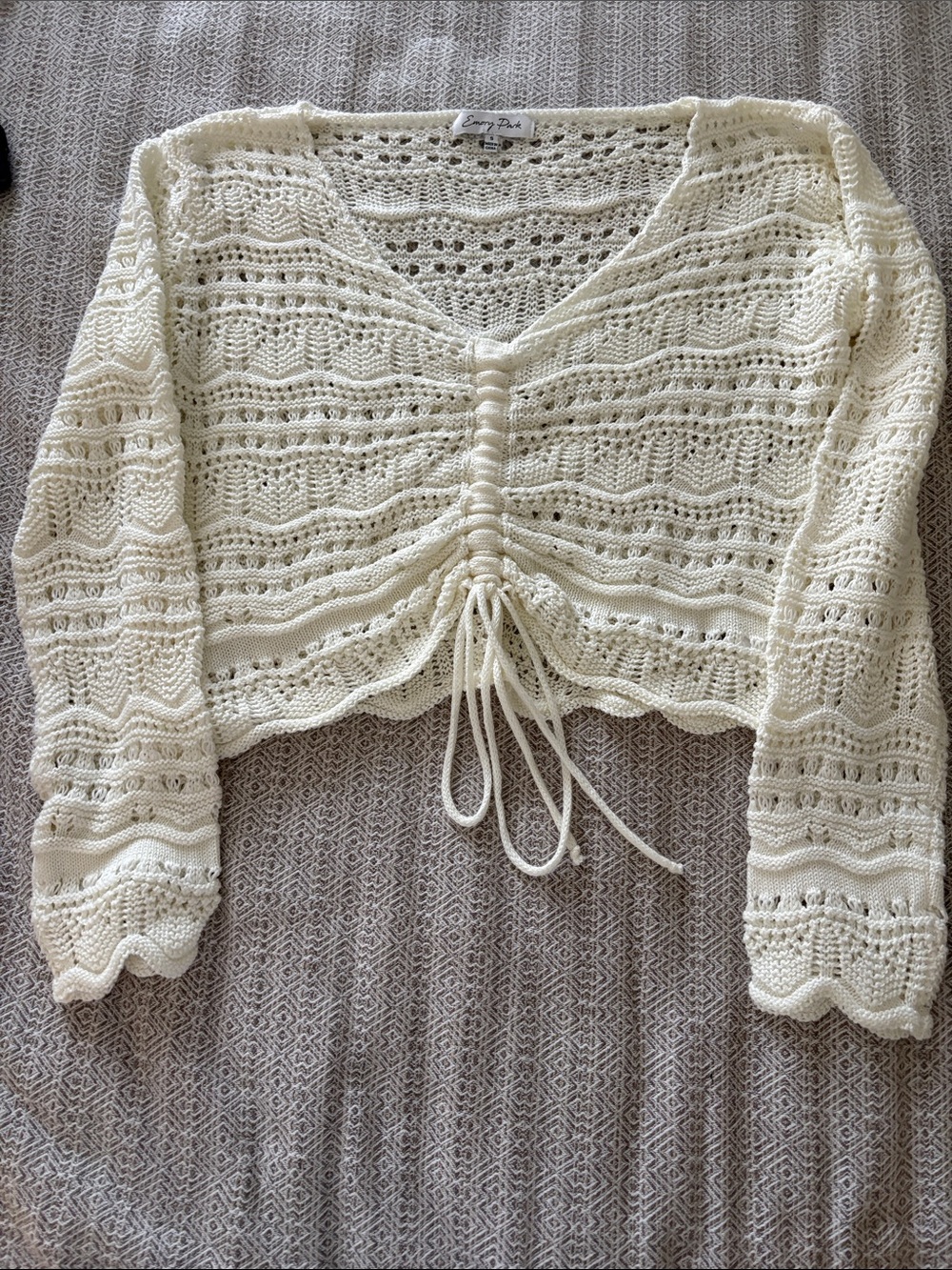 emory park Cream Crochet Drawstring Cropped Cardigan